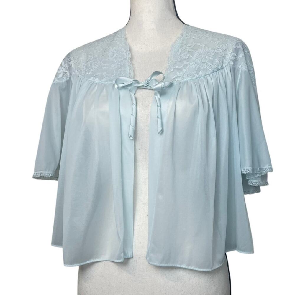 Vintage Vanity Fair Baby Blue Sheer Lace Cardigan Babydoll Top M
